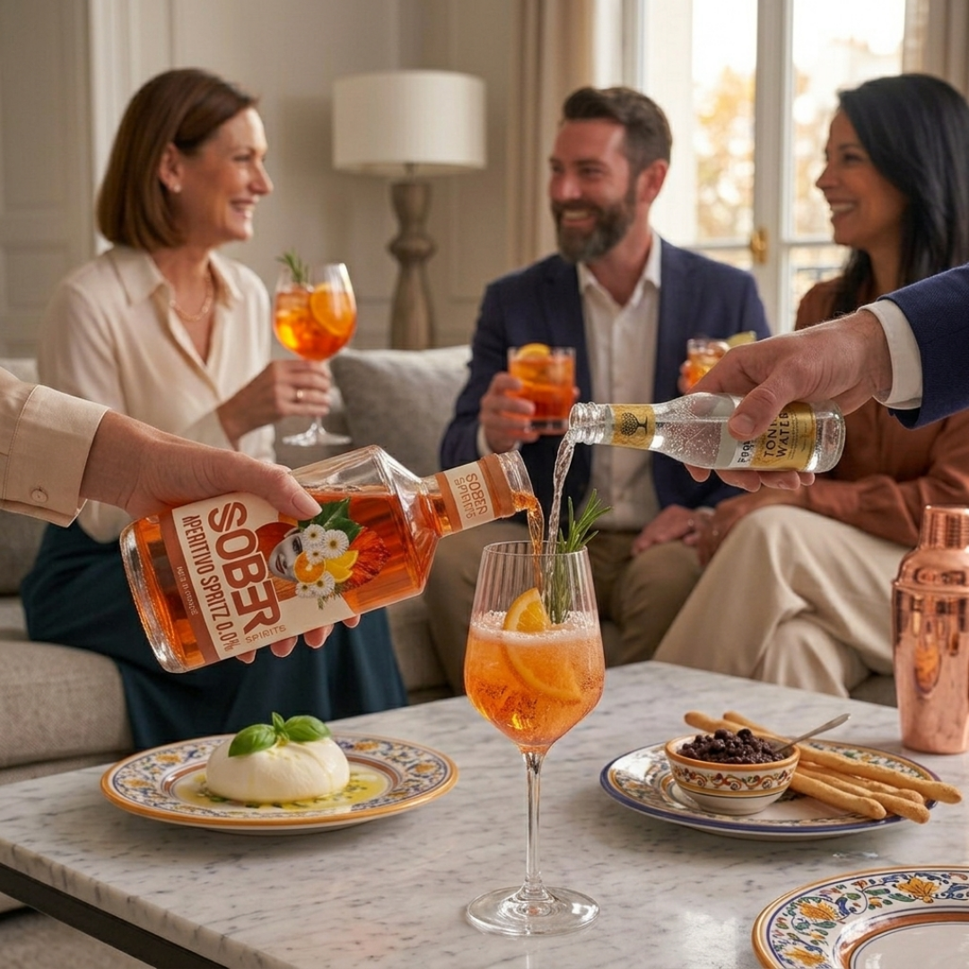 Alcohol-free Spritz served with Sober Spirits Aperitivo Spritz 0.0%, sparkling water and an orange slice