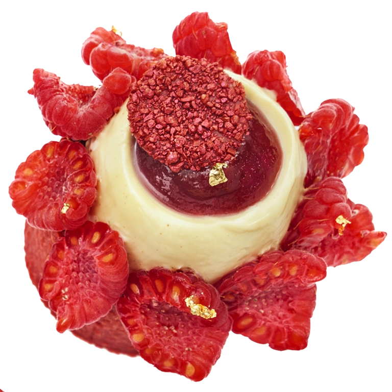 Très gros plan aérien de la pâtisserie au Sober Spirits Gin 0.0% By Cécile Moritel détouré sur un fond vert foncé.